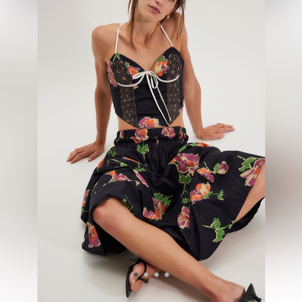 Free People Luca Skirt Set Classic Retro Floral Corset Style Top Midi Skirt